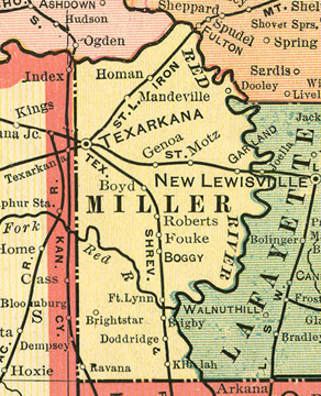 Early map of Miller County, Arkansas including Texarkana, Fouke, Brightstar (Bright Star), Garland, Mandeville, Doddridge, Ft. Lynn, Motz, Genoa, Homan