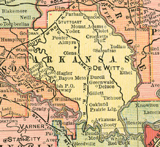 Early map of Arkansas County, Arkansas including De Witt, Stuttgart, Almyra, Gillett, St. Charles, Humphrey, DeWitt