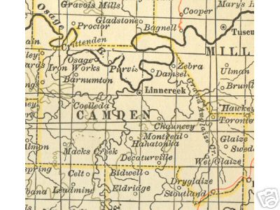 Early map of Camden County, Missouri including Linn Creek, Hahatonka, Climax Springs, Macks Creek, Zebra, Osage Iron Works