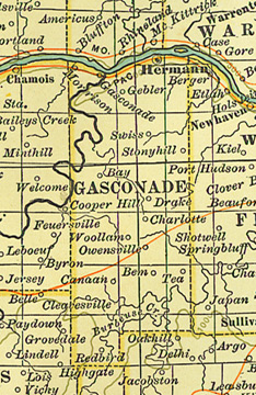 Early map of Gasconade County, Missouri including Hermann, Owensville, Rosebud, Bland, Swiss, Drake