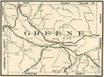 Early map of Greene County, Missouri including Springfield, Republic, Strafford, Willard, Ash Grove, Walnut Grove, Turner,   
