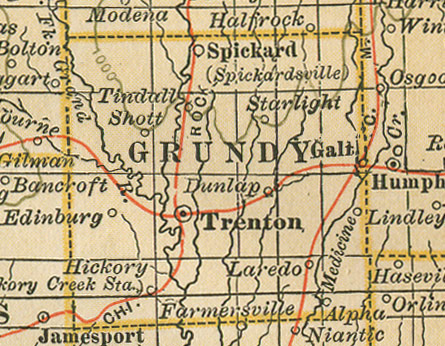 Early map of Grundy County, Missouri with Trenton, Laredo, Galt, Spickard, Brimson, Tindall, Alpha, Buttsville, Edinburg, Lindley, Shott