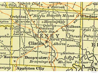 Early map of Henry County, Missouri including Clinton, Windsor, Deepwater, Montrose, Urich, Ladue, Brownington, Calhoun, Blairstown 