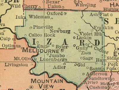 Early map of Izard County, Arkansas including Melbourne, Calico Rock, Oxford, Pineville, Franklin, Newburg