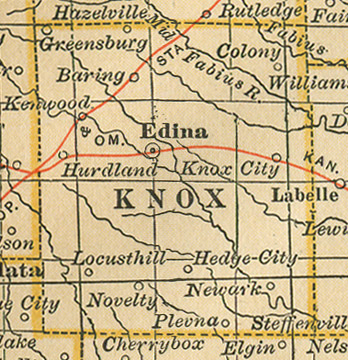 Early map of Knox County, Missouri including Edina, Hurdland, Knox City, Newark, Baring, Novelty, Plevna, Locust Hill, Kenwood, Hedge City, Colony, Millport