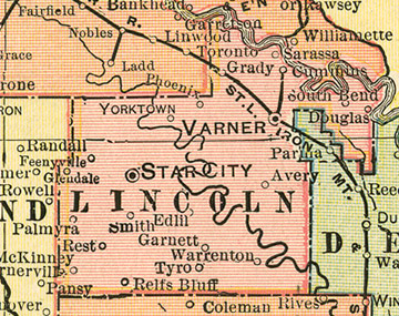 Early map of Lincoln County, Arkansas with Star City, Varner, Tyro, Gould, Grady, Relfs Bluff, Cornerville, Douglas, Edlil, Garnett, Palmyra, Phenix, Rest