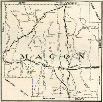 Early map of Macin County, Missouri with Macon, La Plata, Bevier, Callao, New Cambria, Elmer, Ethel, Atlanta, Excello, Ten Mile, Anabel, Sue City, Walnut, Redman, Cash, Barnesville