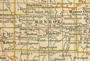 Early map of Monroe County, Missouri including Paris, Monroe City, Madison, Holliday, Santa Fe, Florida, Indian Creek, Strother, North Fork, Duncans Bridge, Woodlawn