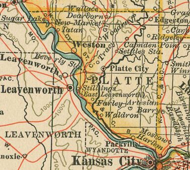Early map of Platte County, Missouri including Platte City, Weston, Parkville, Waldron, Camden Point, Edgerton, Farley