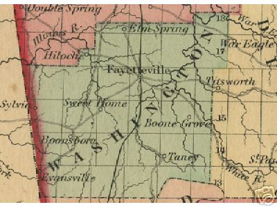 Early map of Washington County, Arkansas including Fayetteville, Elm Spring, Boone Grove, Taney, Sweet Home, Boonsboro, Evansville
