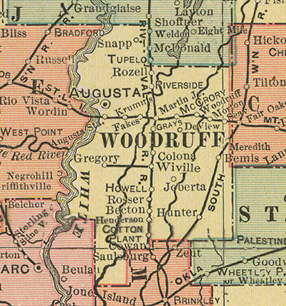 Early map of Woodruff County, Arkansas including Augusta, DeView, Grays Station, Howell Station, McCrory, Riverside, Cotton Plant, Patterson, Hunter, History, Genealogy