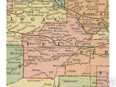 Early map of Yell County, Arkansas including Danville, Dardanelle, Belleville, Ola, Walnut Tree, Gilkey, Briggsville