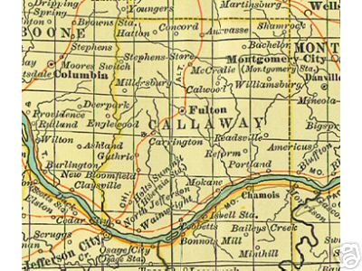 Early map of Callaway County, Missouri including Fulton, Auxvasse, Holts Summit, Mokane, Millersburg, Tebbetts