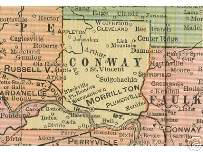 Early map of Clay County, Arkansas including Morrillton, Plumerville, Menifee, Solgohachia, Springfield, Oppelo