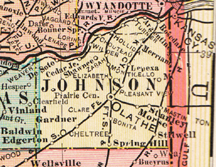 Early map of Johnson County, Kansas with Olathe, Lenexa, Shawnee, Merriam, De Soto, Edgerton, Gardner, Spring Hill, Stilwell 