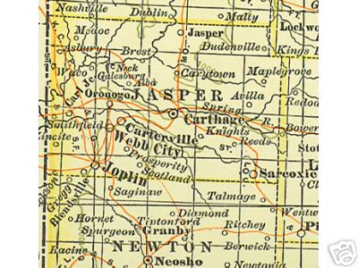 Early map of Jasper County, Missouri including Joplin, Carthage, Sarcoxie, Webb City, Carterville, Oronogo, Carl Junction
