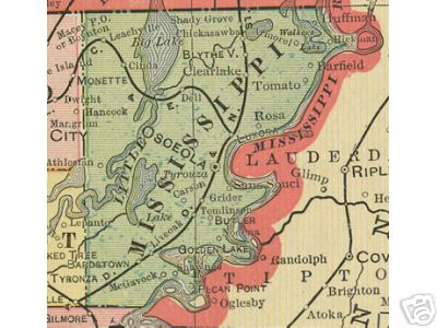 Early map of Mississippi County, Arkansas including Osceola, Blytheville, Leachville, Luxora, Tyronzo, Carson, Tomlinson