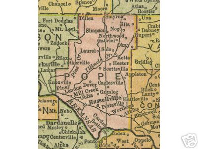 Early map of Pope County, Arkansas including Russellville, Dover, Hector, London, Atkins, Pottsville, Scottsville