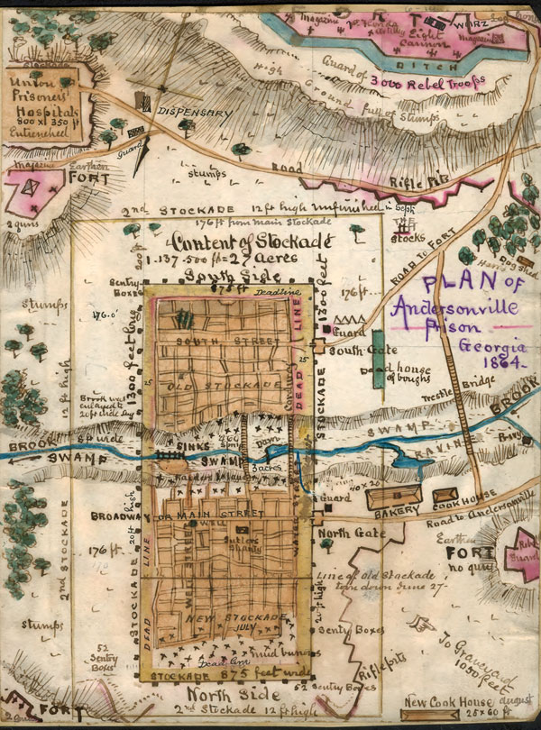 Andersonville Prison, by R. K. Sneden, 1864, Civil War, Historic Map Reprint, Confederate