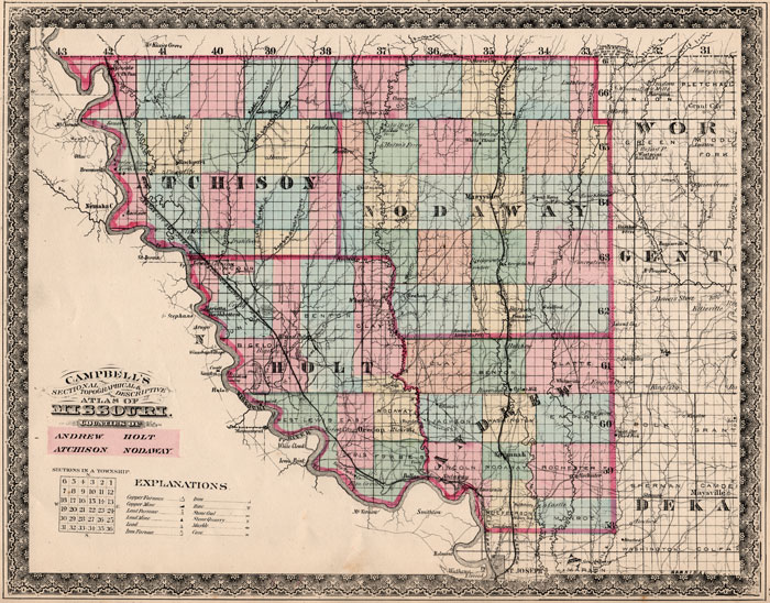 Andrew County, Atchison County, Holt County and Nodaway County, Missouri 1872 Campbells Atlas Historic Map reprint