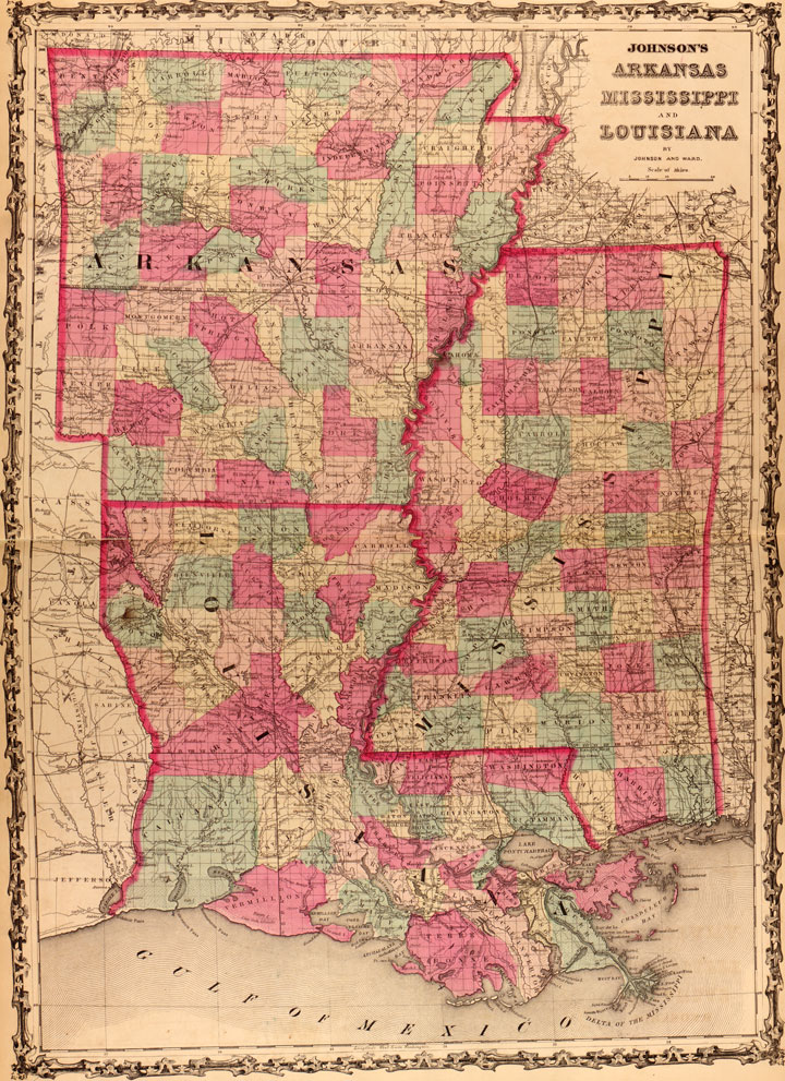 States of Arkansas, Mississippi and Louisiana historic map by Johnson & Ward, published 1862