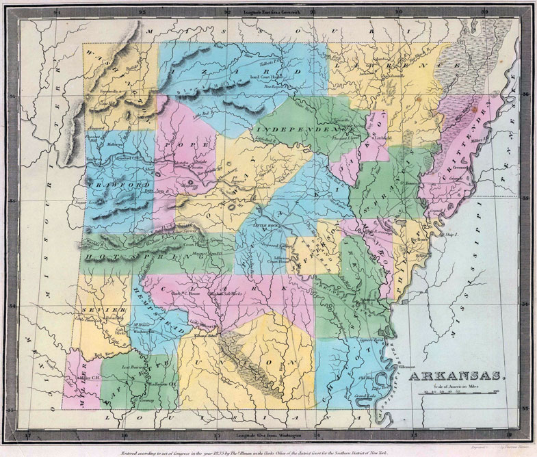 State of Arkansas 1835 historic map by David H. Burr and printed by Thomas Illman