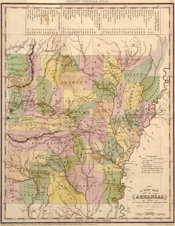 Arkansas State 1844 Historic Map by Tanner, Reprint