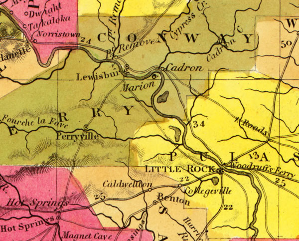 Arkansas State 1847 Historic Map by S. Augustus Mitchell, detail