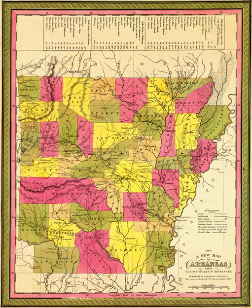 Arkansas State 1847 Historic Map by S. Augustus Mitchell, Reprint