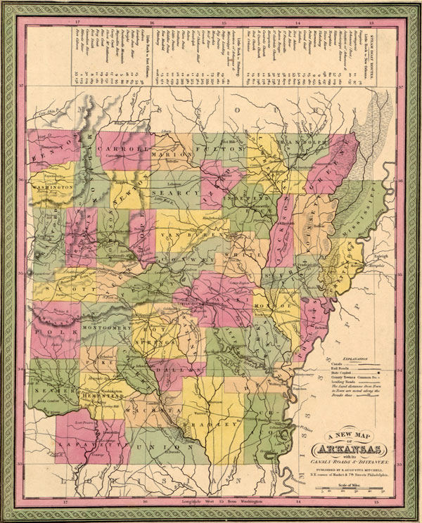 Arkansas State 1849 Historic Map by S. Augustus Mitchell, Reprint