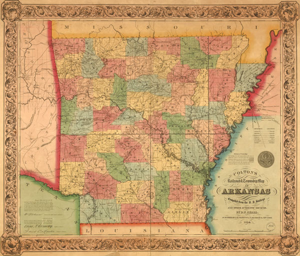 Arkansas State 1854 Historic Map by Colton, Reprint