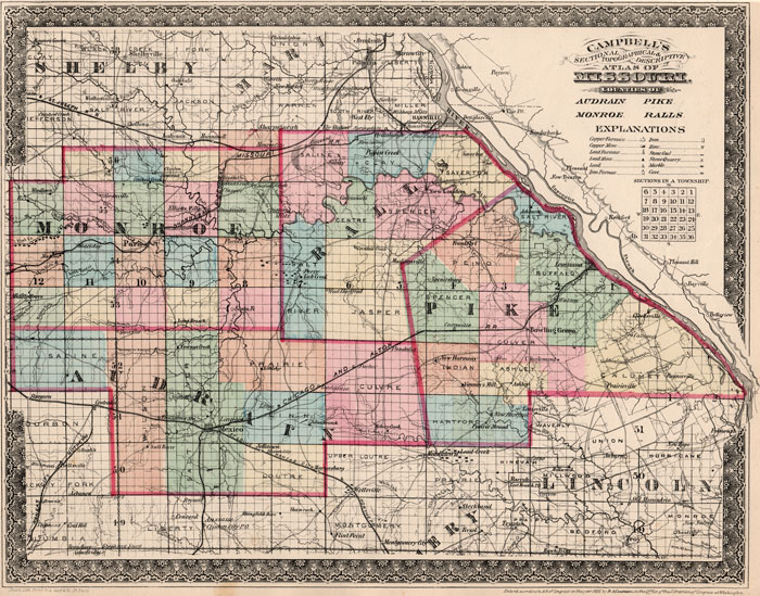 Audrain County, Monroe County, Pike County and Ralls County, Missouri 1872 Campbells Atlas Historic Map reprint