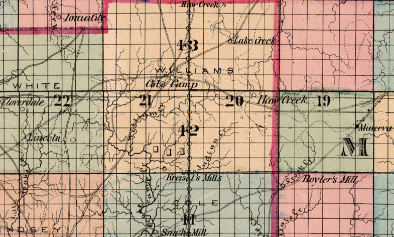 Detail of Benton County, Miller County, Morgan County and Pettis County, Missouri 1872 Campbells Atlas Historic Map reprint