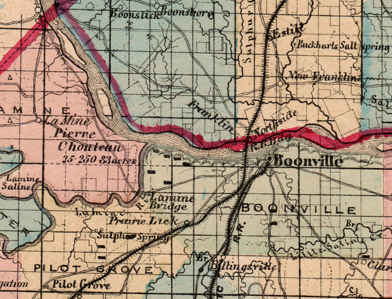 Detail of Boone County, Cooper County, Howard County, Moniteau County and Randolph County, Missouri 1872 Campbells Atlas Historic Map reprint