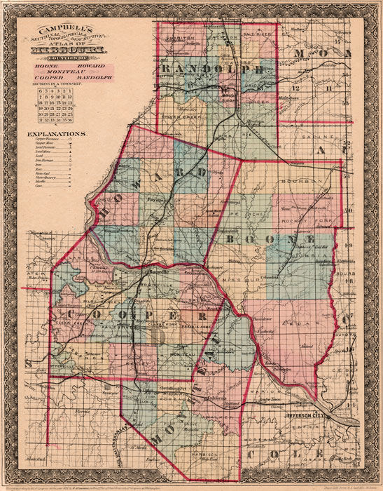 Boone County, Cooper County, Howard County, Moniteau County and Randolph County, Missouri 1872 Campbells Atlas Historic Map reprint