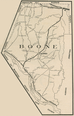 Early map of Boone County, Missouri including Columbia, Centralia, Rocheport, Hallsville, Harrisburg, Ashland