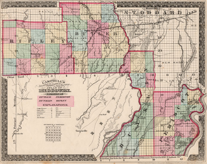 Butler County, Dunklin County, Pemiscot County, and Ripley County, Missouri 1872 Campbells Atlas Historic Map reprint