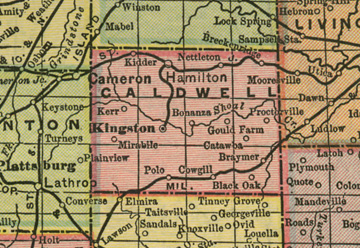 Early map of Caldwell county, Missouri including Kingston, Hamilton, Polo, Braymer, Breckenridge, Mirabile, Blackoak