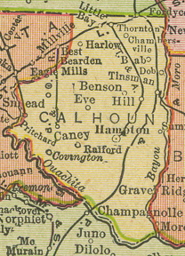 Early map of Calhoun County, Arkansas including Hampton, Harlow, Benson, Ralford, Tinsman, Bab, Dob
