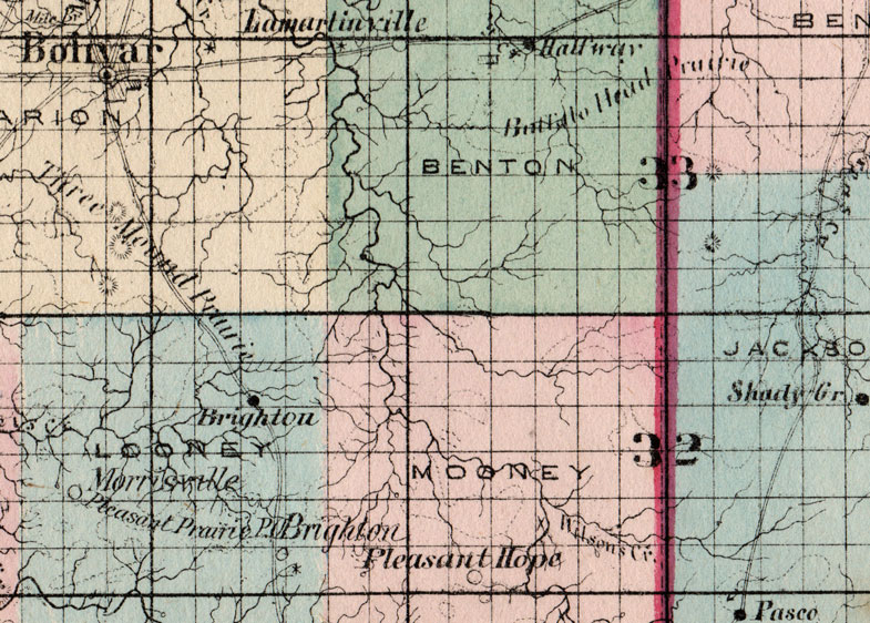 Detail of Camden County, Dallas County, Hickory County, Laclede County and Polk County, Missouri 1872 Campbells Atlas Historic Map reprint