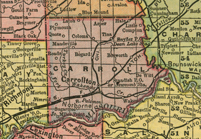 Early map of Carroll County, Missouri including Carrollton, Norborne, Bosworth, DeWitt, Bowdry, Coloma, Bogard