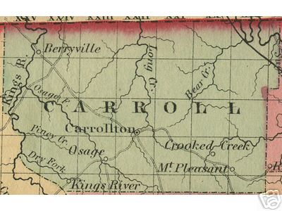 Early map of Carroll County, Arkansas including Berryville, Carrollton, Osage, Crooked Creek, Mt. Pleasant, Crooked Creek
