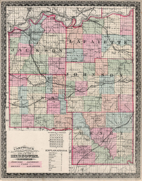 Cass County, Henry County, Jackson County, Johnson County and Lafayette County, Missouri 1872 Campbell's Atlas Historic Map Reprint