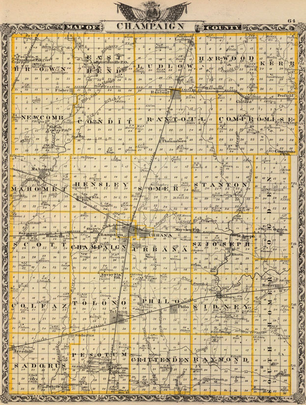 Champaign County, Illinois 1876 Historic Map Reprint by Union Atlas Co., Warner & Beers