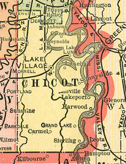 Early map Chicot County, Arkansas History and Genealogy with Lake Village, Eudora, Dermott, Hudspeth, Cosgrove, Empire, Lakeport, Gaines Landing