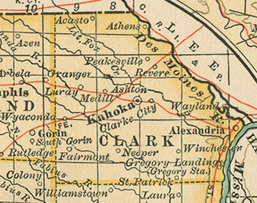 Early map of Clark County, Missouri with Kahoka, Wyaconda, Alexandria, Luray, Revere, St. Patrick, Winchester, St. Francisville, Fairmont
