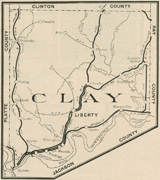 Early map of Clay County, Missouri including Liberty, Excelsior Springs, Kearney, Smithville, Holt, Missouri City