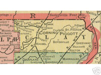 Early map of Clay County, Arkansas including Corning, Piggott, Knobel, Greenway, Rector, Boydsville, Moark