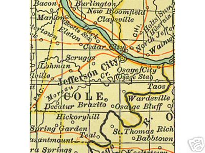 Early map of Cole County, Missouri including Jefferson City, Osage City, Russellville, Lohman, Taos, Wardsville, 