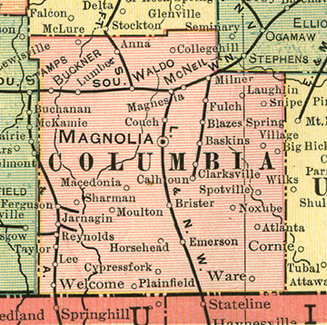 Early map of Columbia County, Arkansas including Magnolia, McNeil, Waldo, Emerson, Taylor, Atlanta, Milner, Moulton, Macedonia